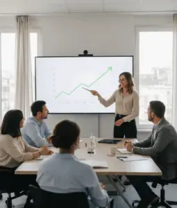 Réunion CODIR Leadership IA et Croissance 2026. Équipe de direction (50% hommes, 50% femmes) en tenue casual chic autour d'une table, avec tasses de café, observant un écran de CA en hausse.