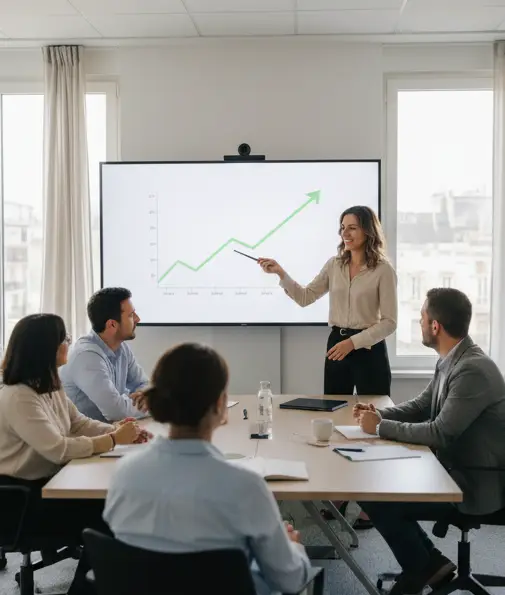 Réunion CODIR Leadership IA et Croissance 2026. Équipe de direction (50% hommes, 50% femmes) en tenue casual chic autour d'une table, avec tasses de café, observant un écran de CA en hausse.