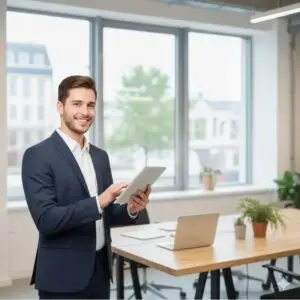 Professionnel souriant utilisant une tablette en environnement moderne, symbolisant l'accessibilité de l'IA et l'intégration pédagogique dans divers secteurs (santé, éducation, commerce, industrie) pour la formation continue Reboost Academy.