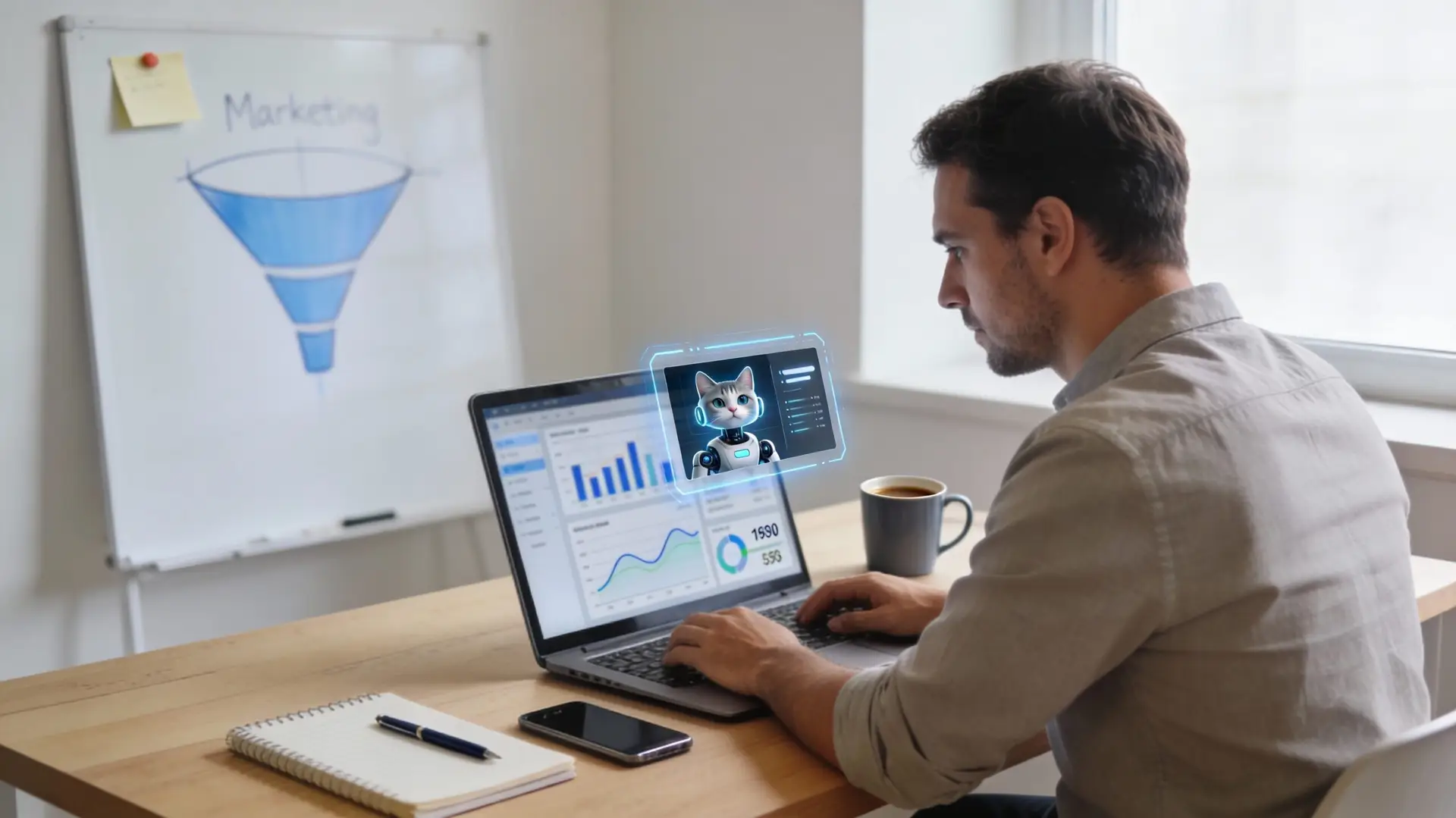 Marketeur au bureau utilisant un outil d’intelligence artificielle sur son ordinateur pour analyser des tableaux de bord marketing et améliorer sa stratégie digitale, scène de travail naturelle en entreprise, formation IA et marketing.